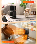 Portable Dual-Head Space Heater with Remote in room with dog, showing 270 Degree Manual Rotation and auto-oscillation features.