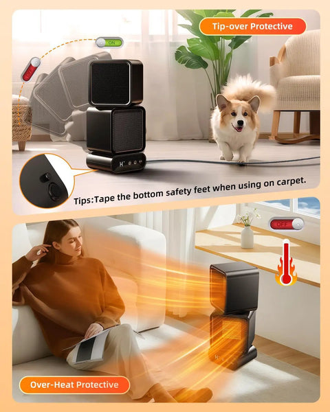 Portable Dual-Head Space Heater with Remote in room with dog, showing 270 Degree Manual Rotation and auto-oscillation features.