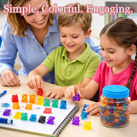 Kid Approved 110 Pieces Translucent Counting Bears With Heavy Duty Plastic Jar Color Sorter, kids sorting colorful bears.