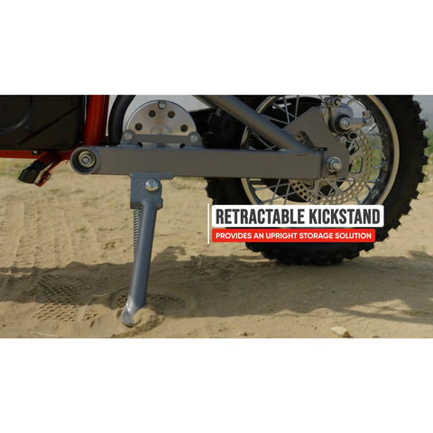 Retractable kickstand of MX500 Dirt Rocket Electric Ride On Bike for Teens Ages 14 and Up 36V Battery Top Speed 15 MPH.