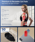 KingPavonini 3-in-1 TENS unit with 12 red reusable gel pads on shoulder and back