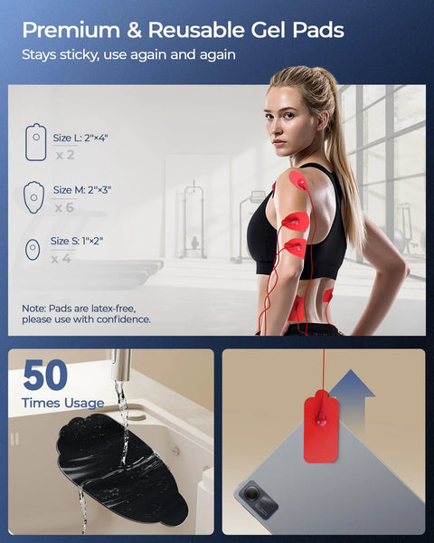 KingPavonini 3-in-1 TENS unit with 12 red reusable gel pads on shoulder and back