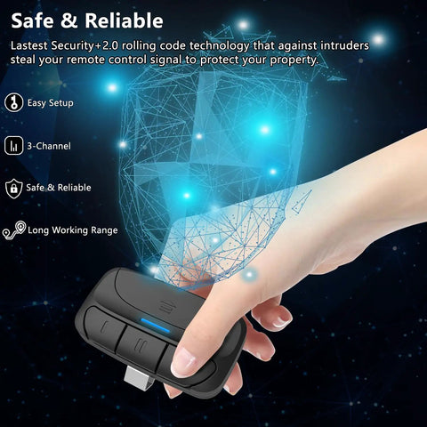 Hand holding Two Pack Universal Garage Door Opener Remote SM24 MAX For Sears Craftsman LiftMaster Chamberlain with holographic shield.