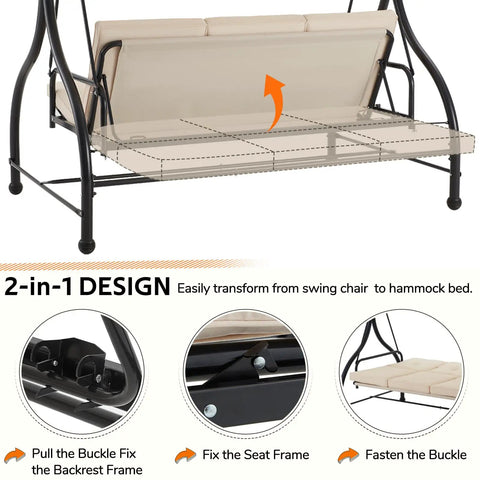 Diagram showing 3-Seater Outdoor Porch Swing With Adjustable Backrest And Canopy, convertible to daybed, with beige cushions.