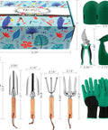Heavy Duty Garden Tools Set Of 10 With Stainless Steel Tools And Wooden Handles; includes tools, gloves, tote box with dimensions.