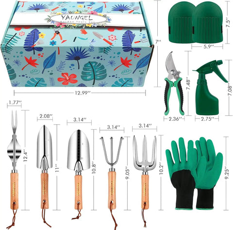 Heavy Duty Garden Tools Set Of 10 With Stainless Steel Tools And Wooden Handles; includes tools, gloves, tote box with dimensions.