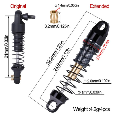 Aluminum 28.5mm Shock Absorbers For 1 To 30 Axial RC SCX30 Crawler Upgrade Parts shown in original and extended views