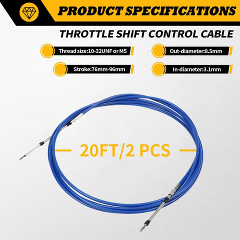 Two Pack 20Ft Marine Throttle Shift Remote Control Box Cable For Outboard Engine Boat Motors, blue cables shown