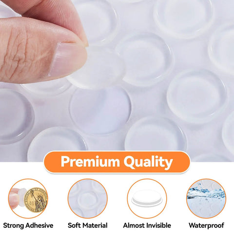 Self Adhesive Glass Table Top Anti Slip Pads 18 Pack Round Bumpers being peeled off by fingers