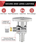 Secure and long-lasting quarter turn angle stop valve for PEX systems, chrome plated, lead-free brass, with clamp ring, anti-leakage.