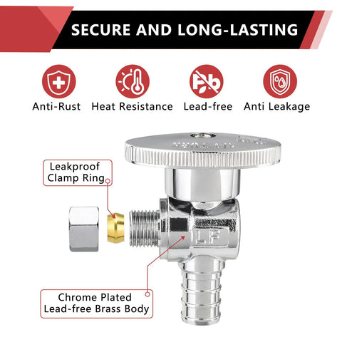 10 Pack Brass PEX Angle Stop Valves Three Eighths Inch OD Compression To One Half Inch PEX Barb Crimp No Sweat One Quarter Turn On Off Compatible With PEX Tubing Stainless Steel Clamp And Copper Crimp Ring Systems chrome-plated brass angle stop valve with clamp ring and PEX barb