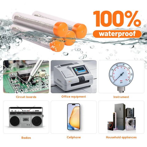 Image showing 60/40 Rosin Core Solder Wire 0.8mm and 1.0mm for electronics repair; waterproof graphic, circuit boards, and various devices.