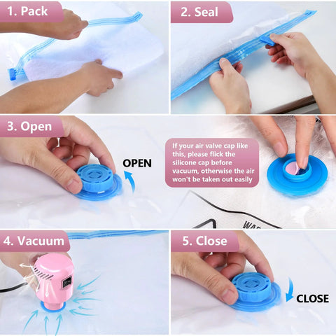 Pink portable electric vacuum pump for storage bags with blue valve cap; no bags shown.