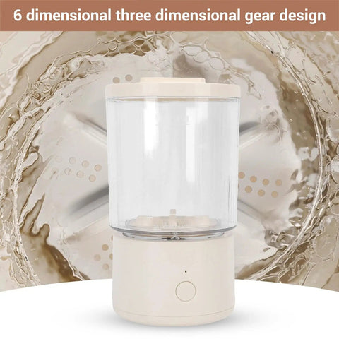 Portable Mini Washing Machine 1.6L Rechargeable Cordless Foldable Design shows 6 dimensional gear inside, ideal for quick hand washes.