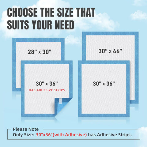 Selection of sizes for Heavy Duty 40 Count Bed Pads With Secure Adhesive Tabs, including 30x36 with adhesive strips.