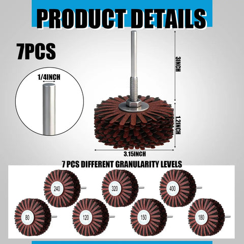 7 Piece Abrasive Cloth Flap Wheel Set With One Quarter Inch Shank For DIY Woodworking Carving And Furniture Polishing, showing sizes