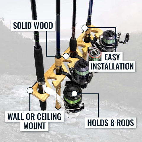 Stillwater Fishing Pole Holders For Garage Wall And Ceiling Storage Rack Holds 8 Rods Or Combos Up To 40 Lbs In Solid Wood
