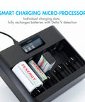 Smart 5 Bay Universal Battery Charger With LCD Display, USB-C And Micro USB Input, charging AA, AAA, C, batteries visible