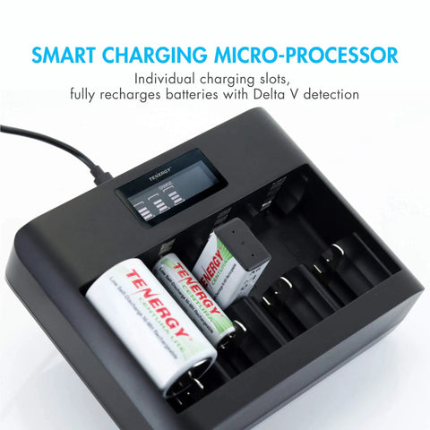 Smart 5 Bay Universal Battery Charger With LCD Display, USB-C And Micro USB Input, charging AA, AAA, C, batteries visible