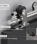 Close-up of 10 Ft Top Mount Sliding Barn Door Hardware Kit With Stainless Steel Track And Roller System, showing door stopper, anti jump block, and floor guide.