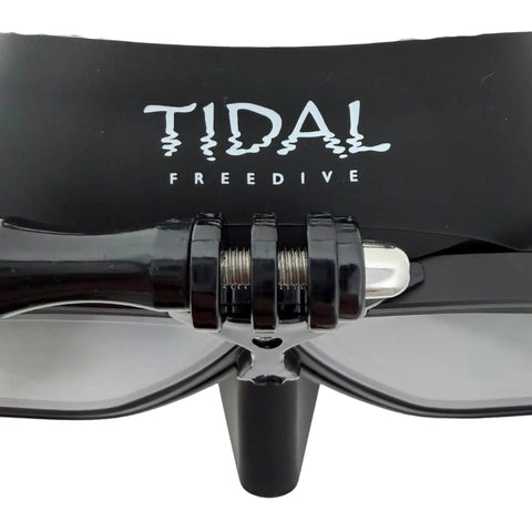 Low Volume Freedive Mask With Action Camera Mount For Spearfishing Freediving Snorkeling And Scuba Diving Pro Grade Anti Fog Tech With Pre Attached Film And Reef Safe Spray Black Frame Clear Lens, front close-up