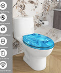 Toilet Seat Elongated Quiet Close for Bathroom with blue marbled design atop white toilet in modern bathroom setting.