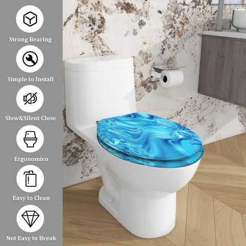 Toilet Seat Elongated Quiet Close for Bathroom with blue marbled design atop white toilet in modern bathroom setting.