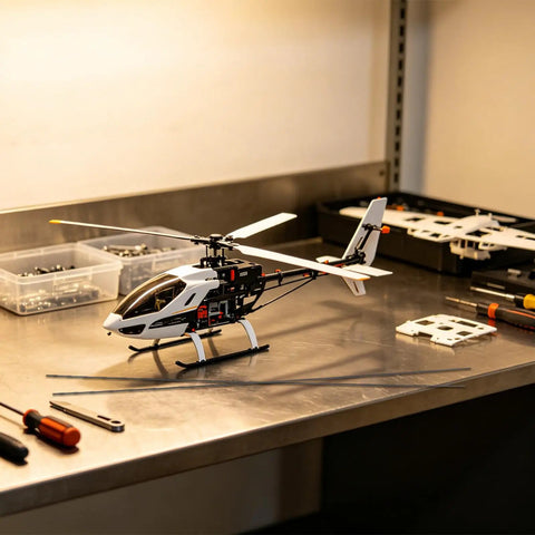Workbench with tools and RC helicopter next to Ten Pack Carbon Fiber Wing Spar Poles for RC Planes Heavy Duty High Strength Structural Rods.