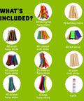 What's included in DIY Arts And Crafts Starter Kit Mega Box: fuzzy sticks, craft sticks, felt strips, glue, for kids 4-12.
