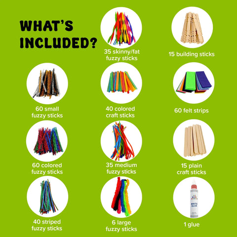 What's included in DIY Arts And Crafts Starter Kit Mega Box: fuzzy sticks, craft sticks, felt strips, glue, for kids 4-12.
