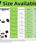 Chart showing 7 sizes of PTFE Chair Leg Sliders For Carpet Surface 1 Inch Square Nail On Glides Brown 40 Pack Protect Floors From Scratches