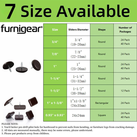 Chart showing 7 sizes of PTFE Chair Leg Sliders For Carpet Surface 1 Inch Square Nail On Glides Brown 40 Pack Protect Floors From Scratches