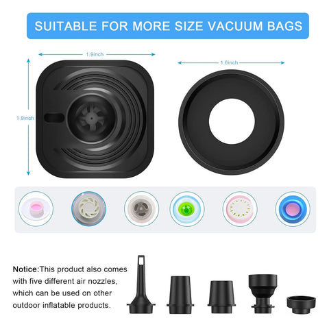 Portable cordless vacuum pump for storage bags; black plastic unit with five nozzle adapters