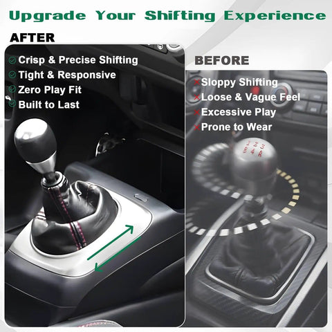 Before and after comparison of Honda Shift Linkage Bushing Kit For Manual Transmission Upgraded Shifter Bushings.