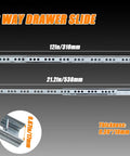 Beefy 12 Inch Metal Drawer Slides With Ball Bearing Two Way Glide For Kitchen Cabinets And Dressers, Heavy Duty Rails, dimensions shown