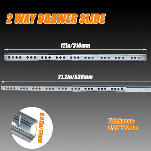 Beefy 12 Inch Metal Drawer Slides With Ball Bearing Two Way Glide For Kitchen Cabinets And Dressers, Heavy Duty Rails, dimensions shown