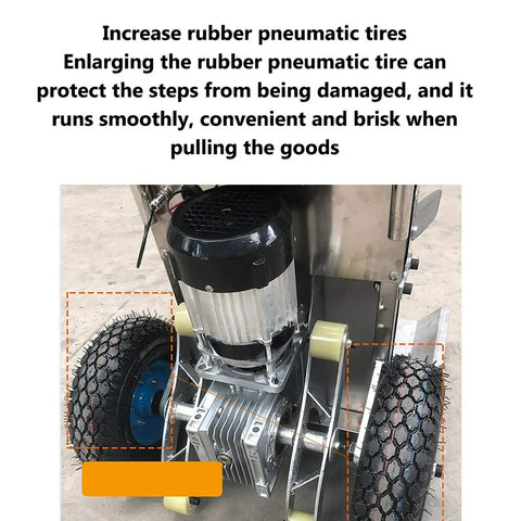 Close-up of the rubber pneumatic tire and motor on Lightweight Electric Hand Truck Stair Climber With Brushless Motor.