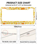 Hella Dope Yellow And Orange Cheese Design License Plate Frames 2 Pack size chart showing dimensions 12x6 inches with mounting features.