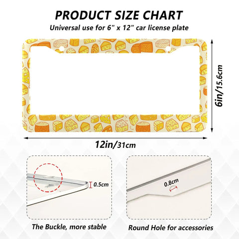 Hella Dope Yellow And Orange Cheese Design License Plate Frames 2 Pack size chart showing dimensions 12x6 inches with mounting features.