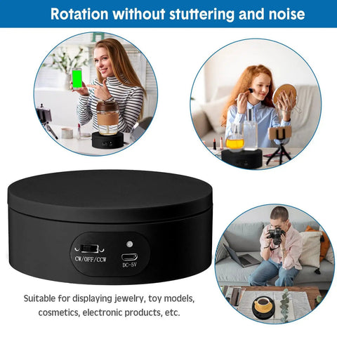 6 Piece Black Turner Cup Rotating Display Stand With USB Power Cable And Silent Motor Battery Backup For Kitchen Tumbler Organization on a countertop.