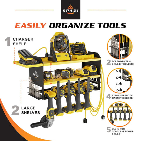Wall Mount Power Tool Organizer Rack With Drill Holder And Tray Four Magnetic Hooks Two Shelves Pro Grade Heavy Duty Steel Cordless Tool Storage For Garage Black And Yellow displayed with tools and accessories.