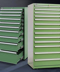 Hella Compact Metal Tool Chest Featuring A Knockout Lock And Heavy Duty Steel Frame with multiple drawers in green.