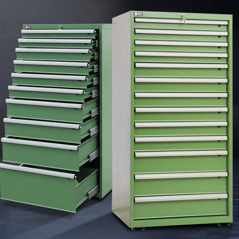 Hella Compact Metal Tool Chest Featuring A Knockout Lock And Heavy Duty Steel Frame with multiple drawers in green.