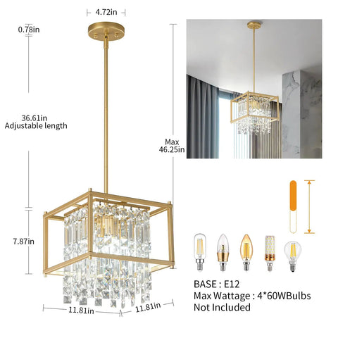 Modern Foyer Chandelier With Black Crystal And Square Metal Frame, Adjustable Height Entryway Light Fixture For Kitchen Island, A Lit Statement Ceiling Pendant Lighting For Your Home, 11.81 Inch Wide
