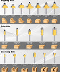 Various bits from Pro Grade 35 Piece Router Bit Set With 1 Quarter Inch Shank, Tungsten Carbide Blades, Aluminum Storage Case