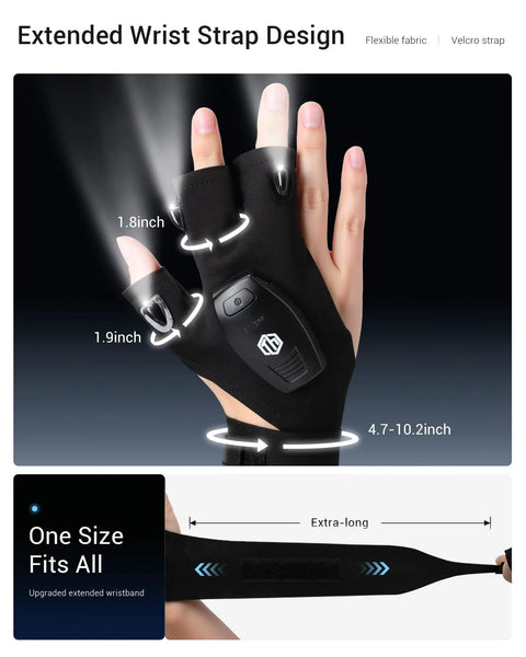 Rechargeable Flashlight Gloves For Men Ultra Bright 3-Finger LED Waterproof Finger Lights wrist strap dimensions