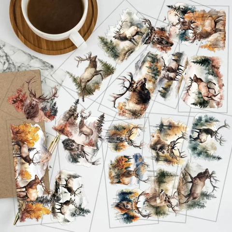 Forest Deer Theme Cup Printing UV Transfer Paper Set Ten Styles For 16 Ounce Glass Cups displayed with coffee and envelope