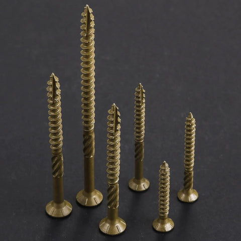 Variety of Two Inch Deck Screws For Exterior Wood, Rust Resistant Epoxy Coated Bronze Finish, serrated threads, against dark background