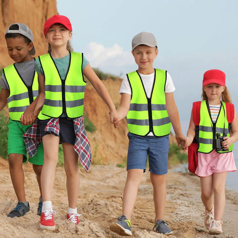 Kids Reflective Safety Vest 20 Pack High Visibility Neon Vests With Zipper For Ages 3 To 10 walking outdoors in a group