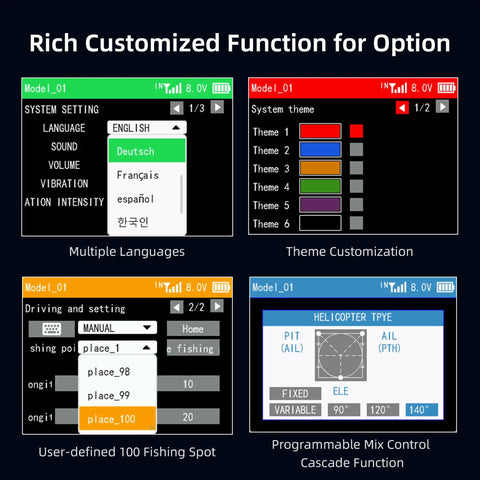 Display of T16D 16Channel 2.4G RC Transmitter With R16F Receiver showing system settings and themes